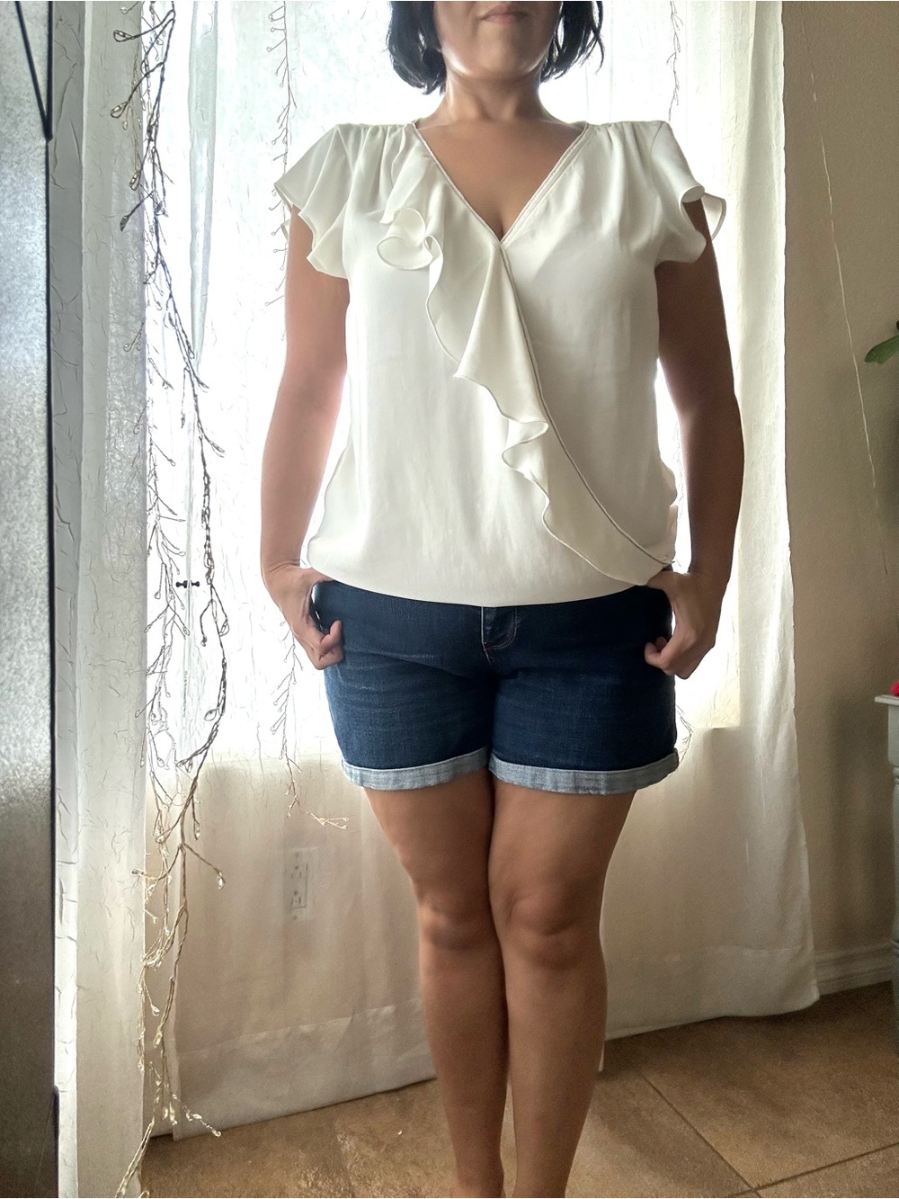White House Black Market Cream Ruffle Wrap-Front Blouse